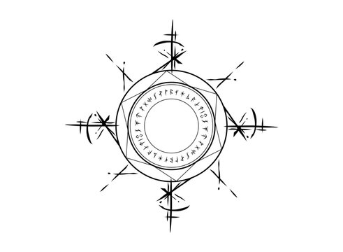 Mystical rune magic circle with layered geometric rings, arcane glyphs, radial markings, and decorative symbols for fantasy RPG, occult, game, and graphic design projects.