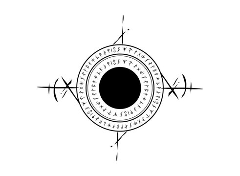 Mystical rune magic circle featuring concentric rings, arcane glyphs, geometric markings, and a bold black center for fantasy RPG, occult, and game design projects.