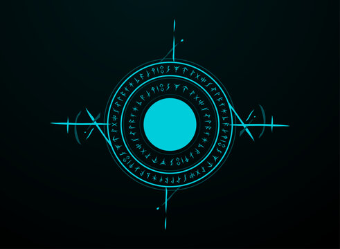 Glowing cyan rune magic circle with arcane glyphs, geometric rings, mystical symbols, and a dark background for fantasy RPG, occult, and game design.