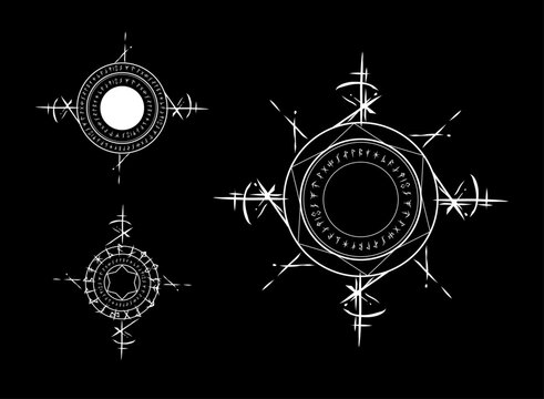 Set of mystical rune magic circles with arcane glyphs, geometric rings, sacred symbols, and contrasting white line art for fantasy RPG, occult, and game design.