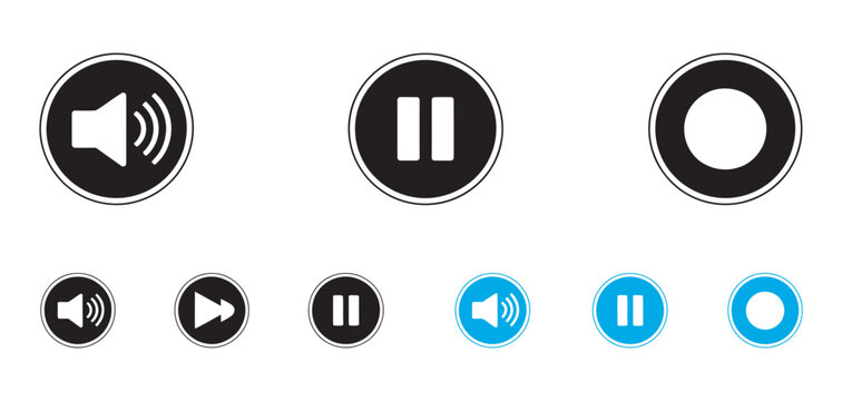 Media player icon set, play pause fast forward buttons, multimedia symbols, audio music speaker volume controls, web app UI vector collection.

