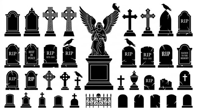 Collection of Cemetery Tombstone Silhouettes with Angel Statue, Crosses, and Ravens for Halloween and Memorial Design