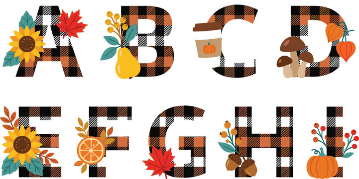 Autumn alphabet letters set from A to I decorated with buffalo plaid pattern pumpkin sunflower and fall elements for Thanksgiving invitation designs.