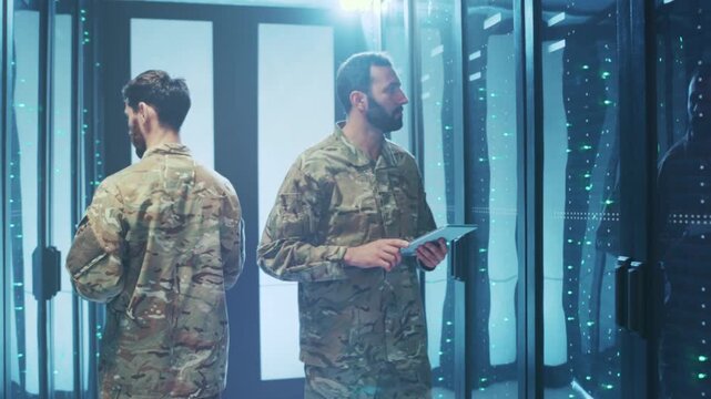 Military technician in camouflage uniform utilizes tablet to examine server health in secure data environment