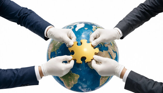 Four gloved hands placing golden puzzle piece onto globe symbolizing global teamwork and collaboration