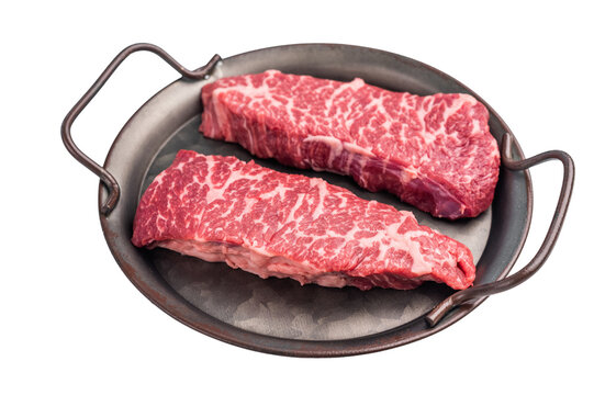 Premium denver, chuck eye steak, beautifully presented, ready for seasoning. A versatile cut ideal for barbecue enthusiasts and steak lovers alike. isolated on white background. top view