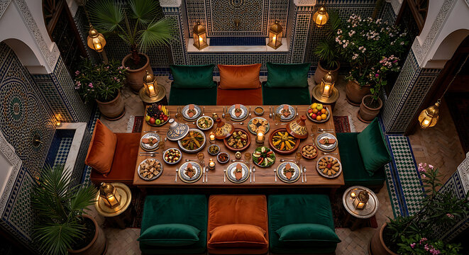 Dining table features traditional feast dishes inside an ornate courtyard setting.