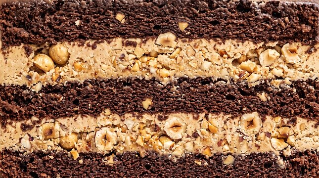 Extreme macro shot of layered chocolate sponge cake with hazelnut praline cream and whole roasted nuts