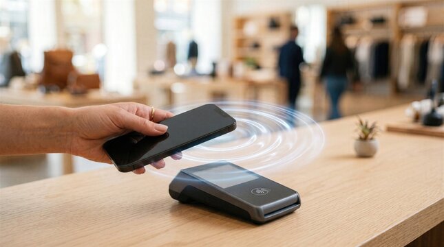 Creative cashless shopping visual with realistic light ripple completing payment, combining mobile banking, contactless technology and effortless retail transaction experience.