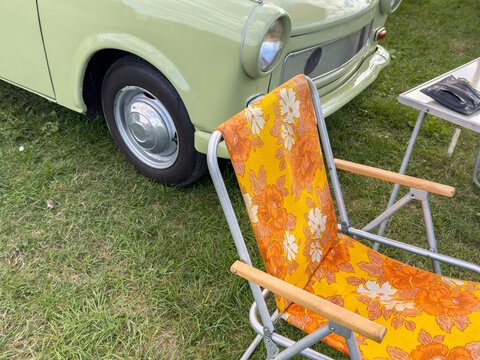 Vintage East German Camping Chair with Retro Trabant Oldtimer Car	