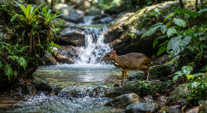 Endangered Lesser Mouse-Deer by Forest Stream in Kalimantan Rainforest