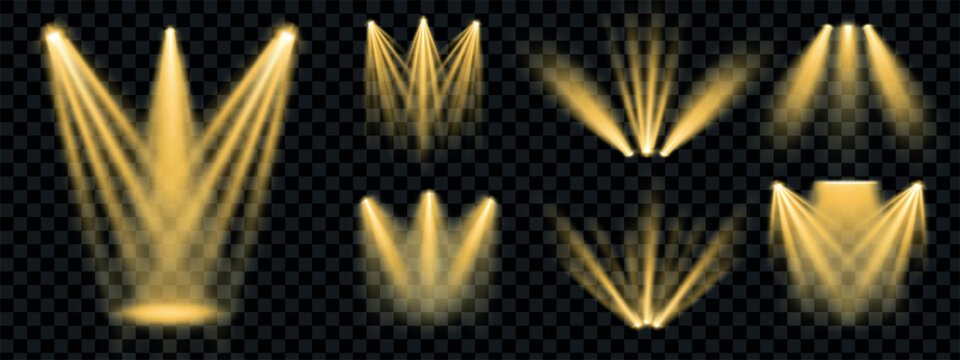 Beam light concert and party projector effect with spotlight background stage. Spot gold cinema and transparent flash isolated with black laser vector. Ray party projector and realistic beam.