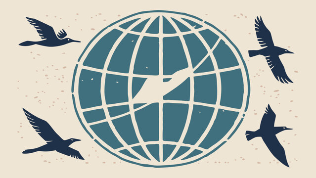 International Migrants Day grunge vector banner with world globe linocut stamp, flying birds silhouettes and copy space layout.