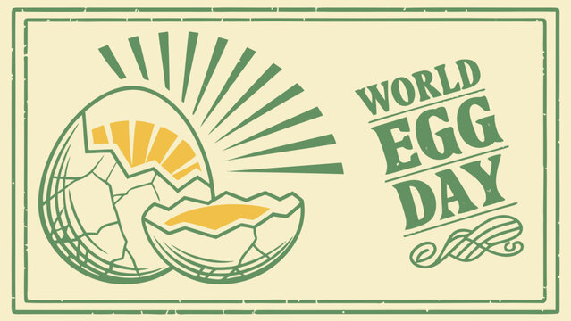 World Egg Day grunge vector banner with cracked eggshell, sunrise rays, sage green linocut frame, typography and copy space.