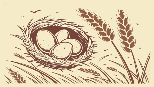 World Egg Day grunge vector banner with eggs in rustic nest, wheat ears line art, vintage brown frame and layout copy space.
