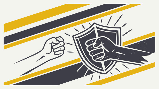 Anti Bullying campaign grunge vector banner with fist holding protective shield icon, slate gray yellow frame and copy space.