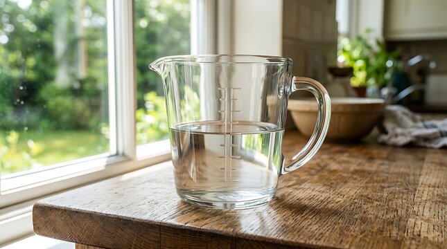 Glass measuring cup filled with water on a wooden kitchen countertop near a bright window