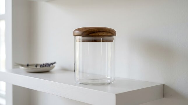 Empty glass storage jar with wooden lid on a white floating shelf in a bright minimalist kitchen