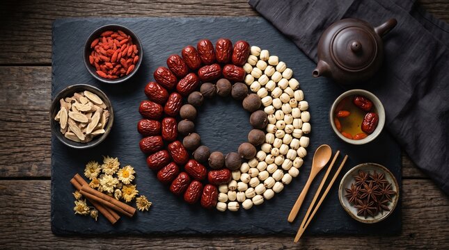 Top view flat lay of traditional Chinese herbal medicine ingredients including jujube dates, lotus seeds, goji berries, and tea on a dark stone background