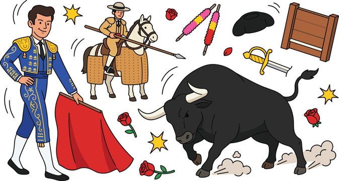 Spanish Bullfighting Element Set with Matador Holding Red Muleta Cape, Charging Black Bull, Picador on Horse, Banderillas, and Sword Flat Vector Illustration