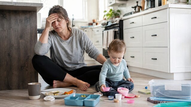 Realistic home scene with unfinished food, toys and cold coffee, expressing deep fatigue, invisible labor and emotional depletion during life with a toddler.