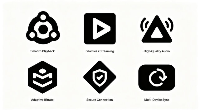 Polygonal geometric audio icon set, representing smooth playback, adaptive bitrate, and multi terminal synchronization concepts, suitable for promotion on streaming media platforms.
