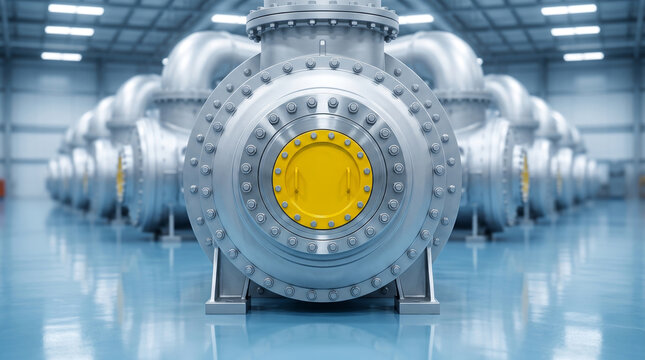 Large steel pressure vessel featuring bright yellow center cap in warehouse facility.