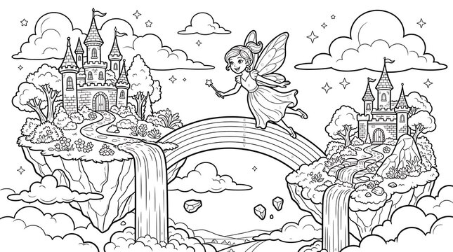 A fairy flying over a rainbow bridge connecting two floating islands with castles, waterfalls, clouds, and stars in a magical sky landscape