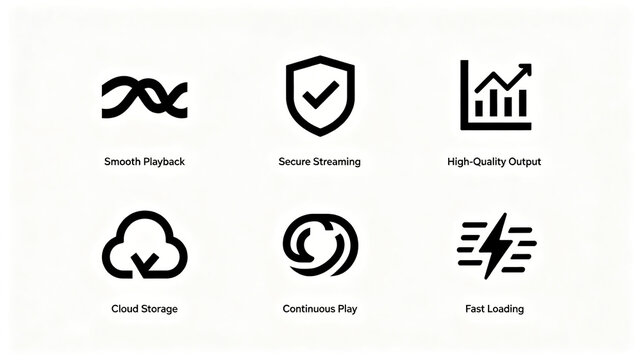 Minimalist line audio function icon set, representing the concepts of stable streaming, continuous playback, and high-definition output, suitable for music APP official website materials.
