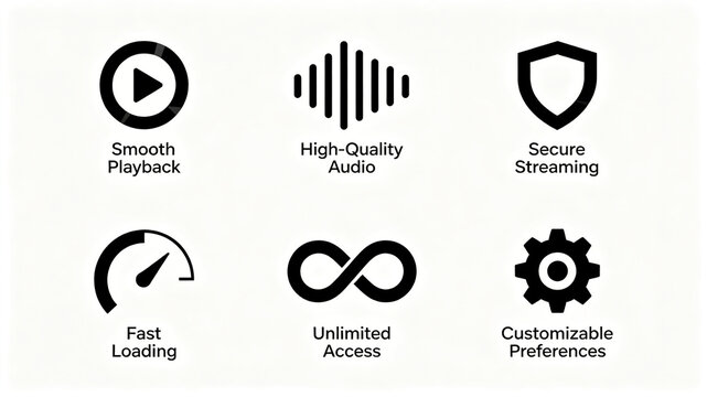 Flat audio product icon kit, representing lossless audio, fast loading, and personalized settings concepts, suitable for audio membership promotion pages.

