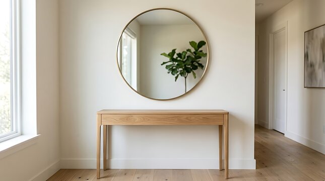 Minimalist wooden console table with round wall mirror in modern entryway interior