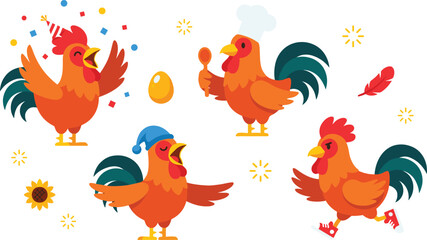 Obraz premium Cute Rooster Cartoon Character Set Celebrating, Cooking with Chef Hat, Wearing Sleepcap, Running in Boots, and Golden Egg Flat Vector Illustration