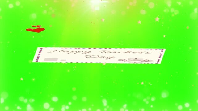 Document banner displaying the inscription Happy Teachers Day with decorative border patterns positioned below a small red bow ornament on a bright backdrop.