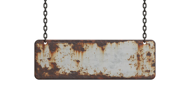 Weathered rusty metal sign hanging by chains on white background, d