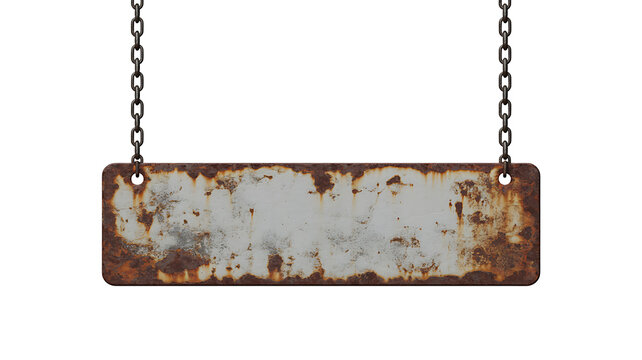 Weathered rusty metal sign hanging by chains on white background, d