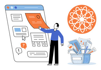 Man organizing digital documents and web content vector illustration. Data management, information organization, business workflow, digital filing, content strategy, productivity. Person arranging © Dmytro