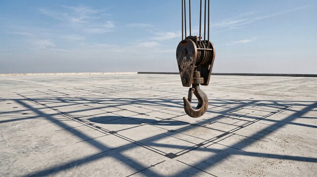 Crane hook hangs above concrete ground marked by architectural grid shadow, creating refined construction image about planning, precision and future building work.