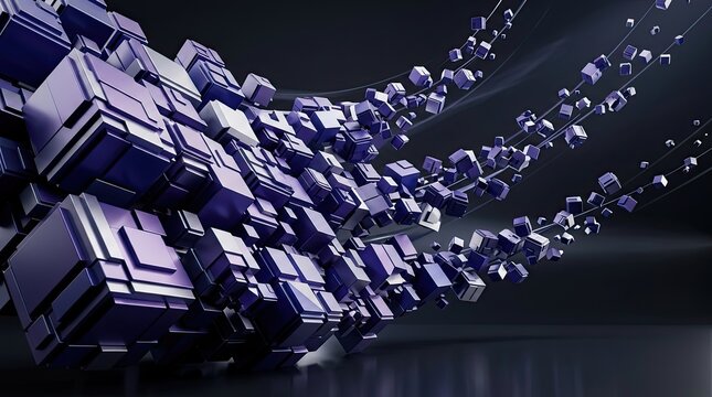 Abstract purple cubic modules exploding along wave trajectory lines 3D render