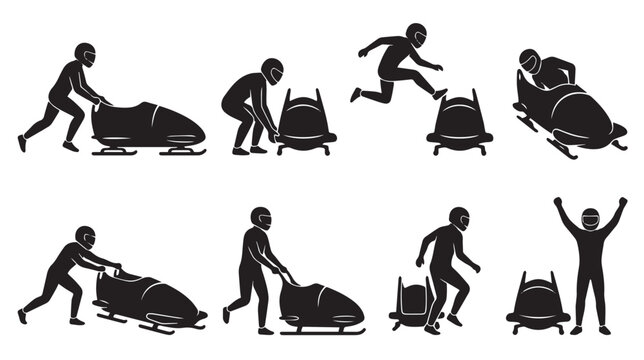 Bobsleigh Athlete Cartoon Silhouette Vector Set with Eight Random Winter Racing and Sled Action Poses