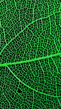 Macro green leaf texture on black background. Macro green leaf texture drifts across black background with vivid leaf veins and soft curvature. 