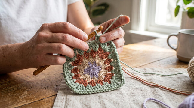Hands Crocheting a Colorful Granny Square with Yarn