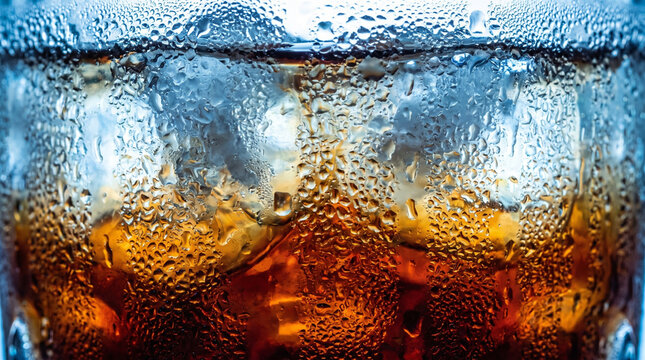 Refreshing Cold Cola Drink with Ice Cubes and Condensation.
