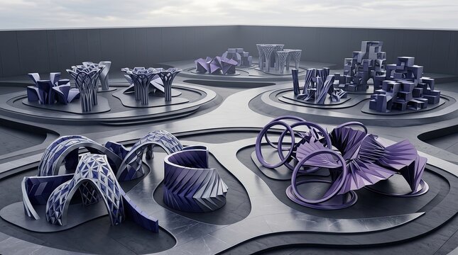 Futuristic purple metallic parametric architectural models showcase 3D render