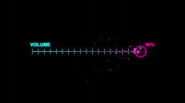 Neon digital volume slider interface with a circular knob set at fifty percent on a black background, representing audio control settings in a futuristic or gaming ui design