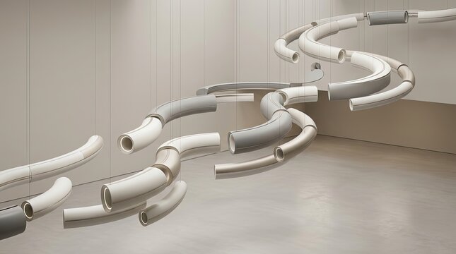Abstract floating suspended curved white and grey tubular architectural installation 3D render