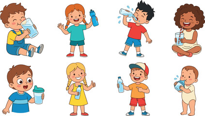 Fototapeta premium Diverse Cute Kids and Toddlers Drinking Clean Water Vector Set for Healthy Habit Campaigns Preschool Nutrition Education and Wellness Graphics
