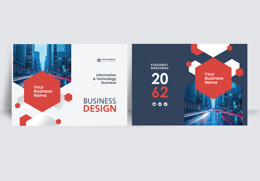 Modern business brochure layout &ndash; Geometric Book Cover Landscape Layout Red and Dark Blue
