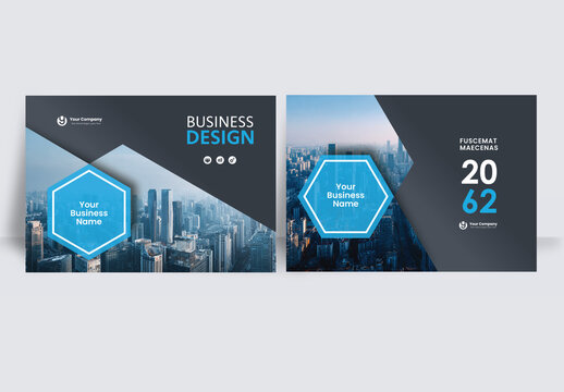Modern business brochure layout &ndash; Geometric Book Cover Landscape Layout Blue and Black	

