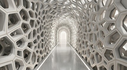 Fototapeta premium Futuristic white voronoi cellular patterned tunnel corridor interior 3D render