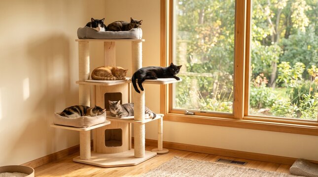 Group of domestic cats resting comfortably on multi-level wooden cat tree by sunny window, representing pet comfort and cozy indoor living
